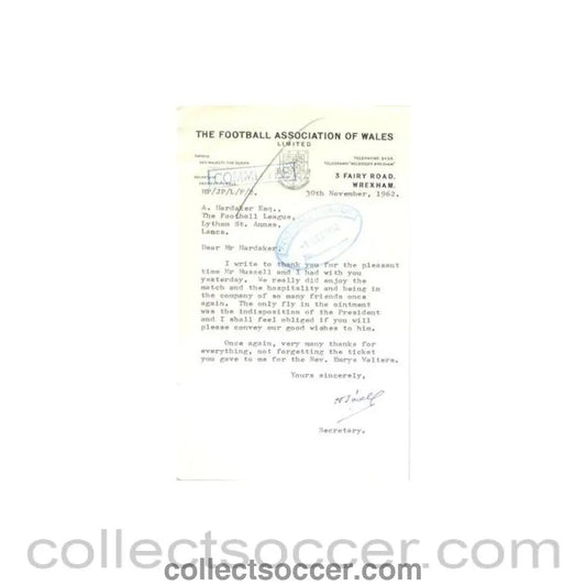 1962 - Letter from The F.A. of Wales, originally signed by the Secretary, of 30/11/1962 to Alan Hardaker Secretary of The Football League - Collect Soccer