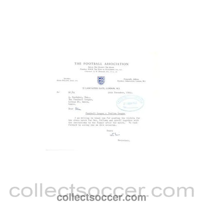 1962 - Letter from the F.A., originally signed by the Secretary, of 26/11/1962 to Alan Hardaker of The Football League - Collect Soccer