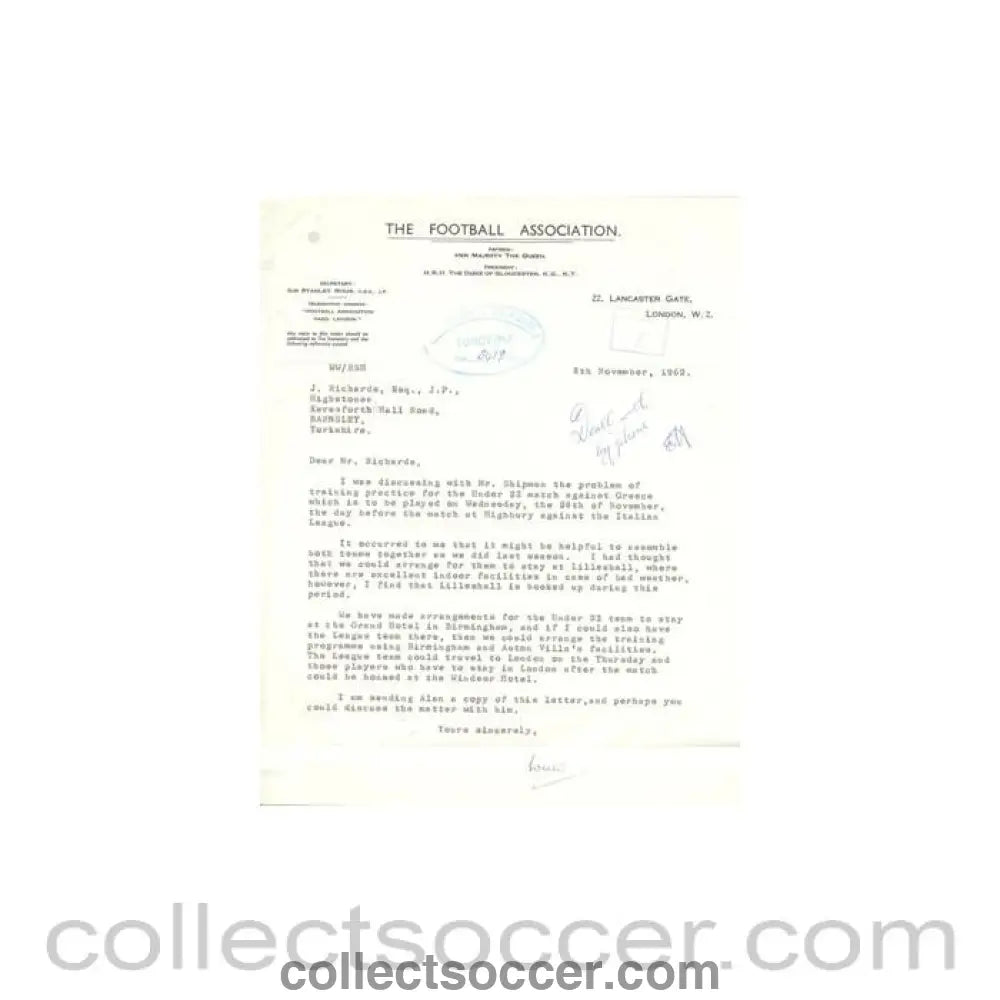 1962 - Letter from the F.A. originally signed of 08/11/1962 to J. Richards in Barnsley