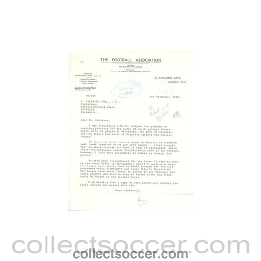 1962 - Letter from the F.A. originally signed of 08/11/1962 to J. Richards in Barnsley