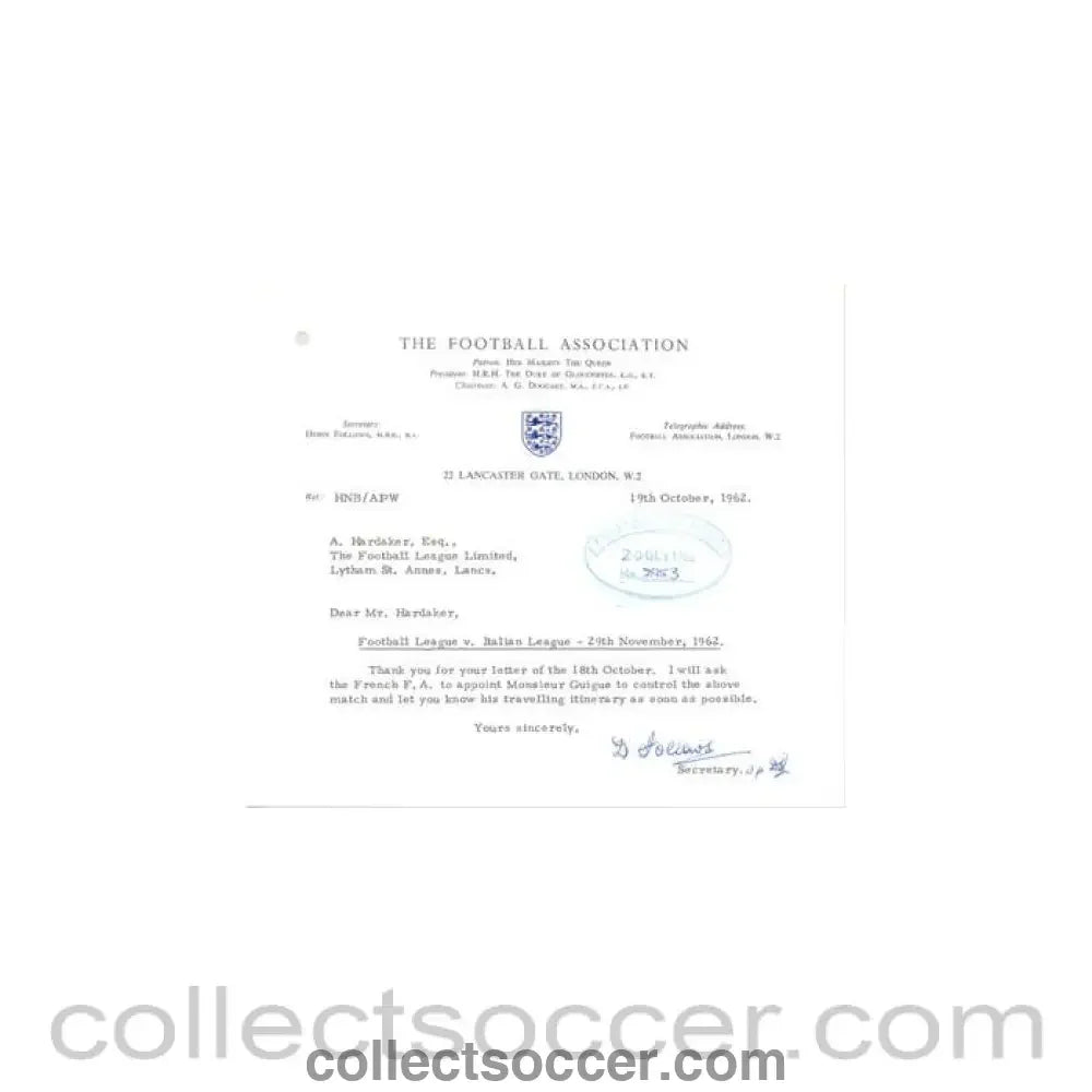 1962 - Letter from The F.A., originally signed, of 19/10/1962 to Alan Hardaker Secretary of The Football League - Collect Soccer