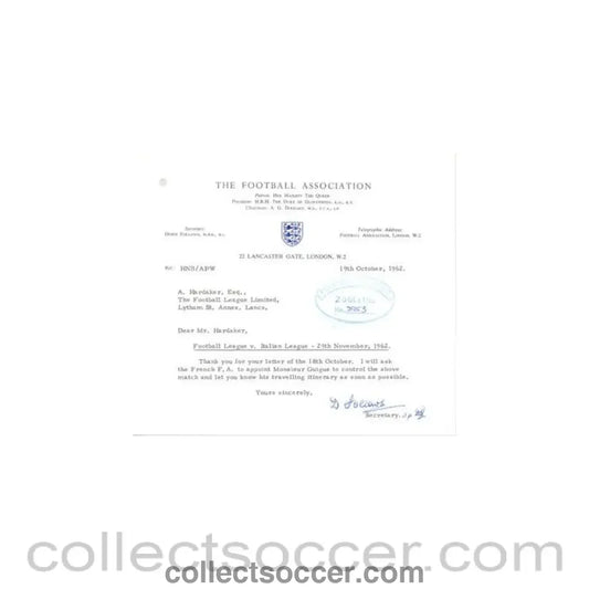 1962 - Letter from The F.A., originally signed, of 19/10/1962 to Alan Hardaker Secretary of The Football League - Collect Soccer