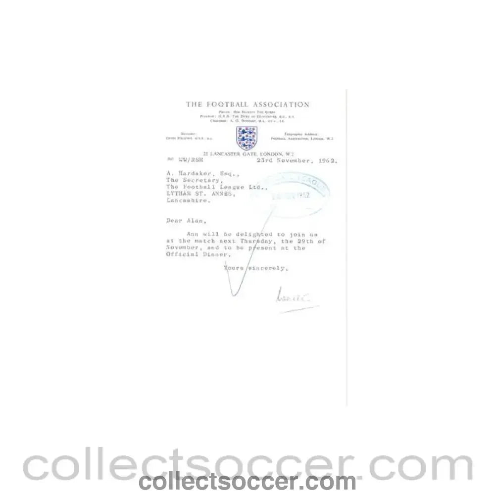 1962 - Letter from the F.A., originally signed, of 23/11/1962 to Alan Hardaker of The Football League - Collect Soccer