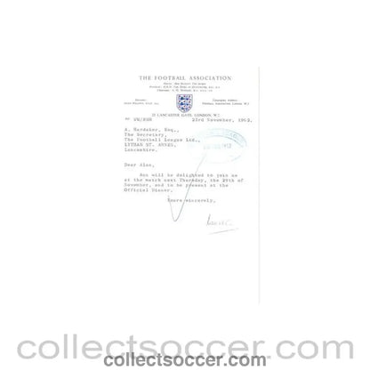 1962 - Letter from the F.A., originally signed, of 23/11/1962 to Alan Hardaker of The Football League - Collect Soccer