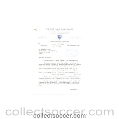 1962 - Letter from the F.A., signed, of 13/11/1962 to Alan Hardaker of The Football League - Collect Soccer