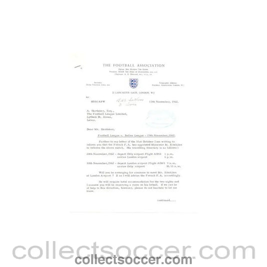 1962 - Letter from the F.A., signed, of 13/11/1962 to Alan Hardaker of The Football League - Collect Soccer