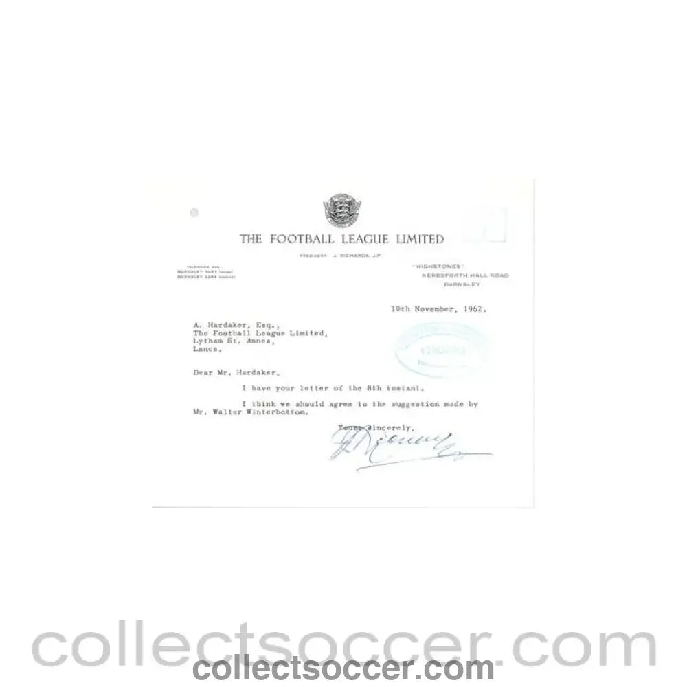 1962 - Letter from The Football League Ltd., originally signed, of 10/11/1962 to Alan Hardaker Secretary of The Football League - Collect Soccer