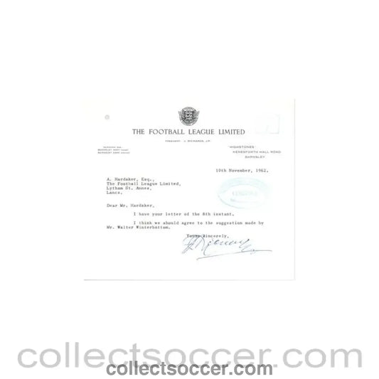 1962 - Letter from The Football League Ltd., originally signed, of 10/11/1962 to Alan Hardaker Secretary of The Football League - Collect Soccer