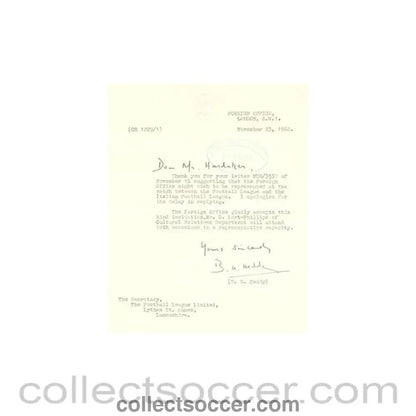 1962 - Letter from The Foreign Office of 23/11/1962, originally signed by B.H. Heddy, to The Football League - Collect Soccer