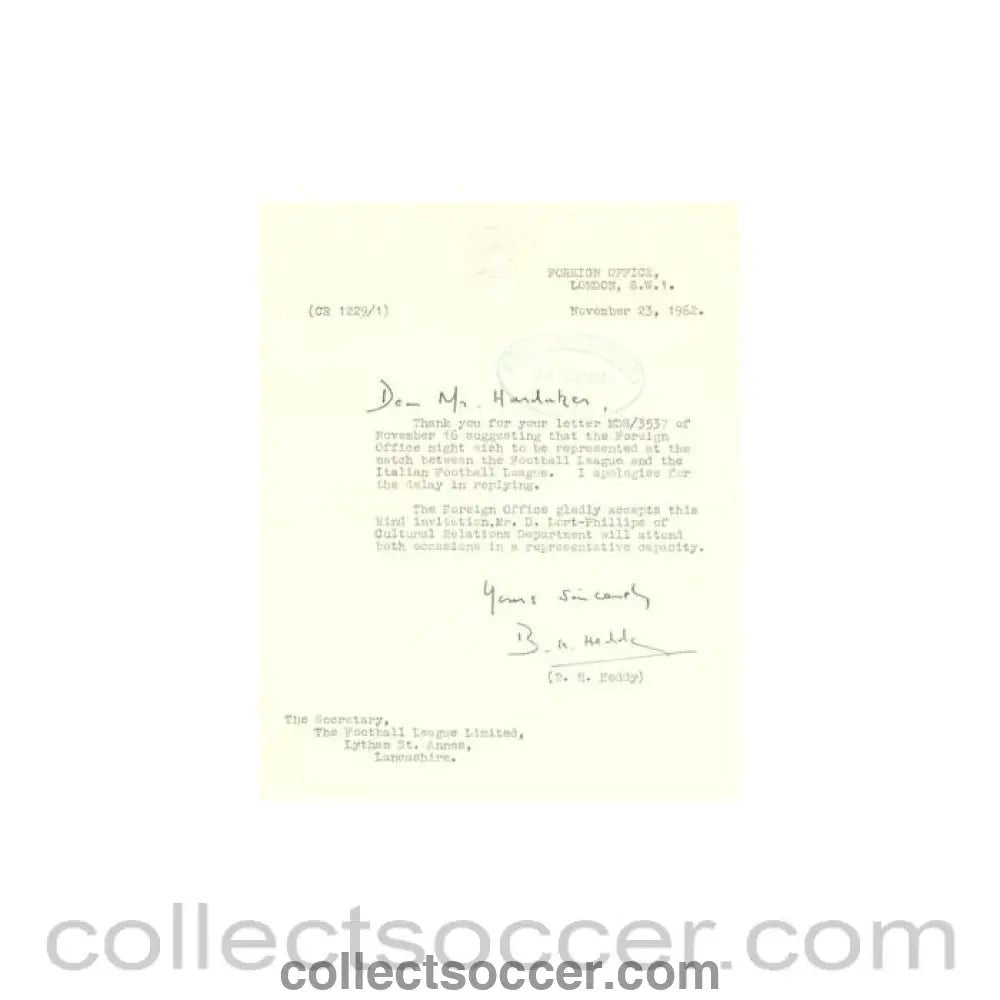 1962 - Letter from The Foreign Office of 23/11/1962, originally signed by B.H. Heddy, to The Football League - Collect Soccer