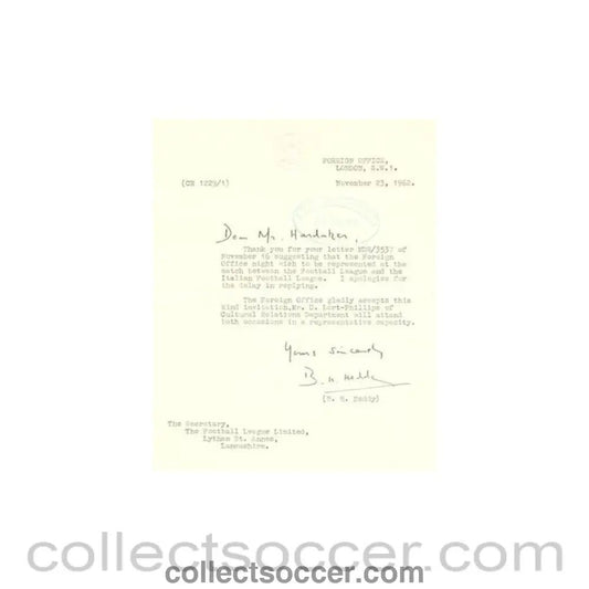 1962 - Letter from The Foreign Office of 23/11/1962, originally signed by B.H. Heddy, to The Football League - Collect Soccer