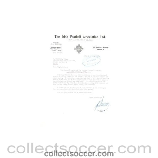 1962 - Letter from The Irish F.A. Belfast, originally signed, of 15/11/1962 to FL - Collect Soccer