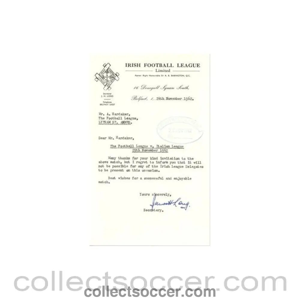 1962 - Letter from The Irish Football League, originally signed, of 24/11/1962 to FL - Collect Soccer