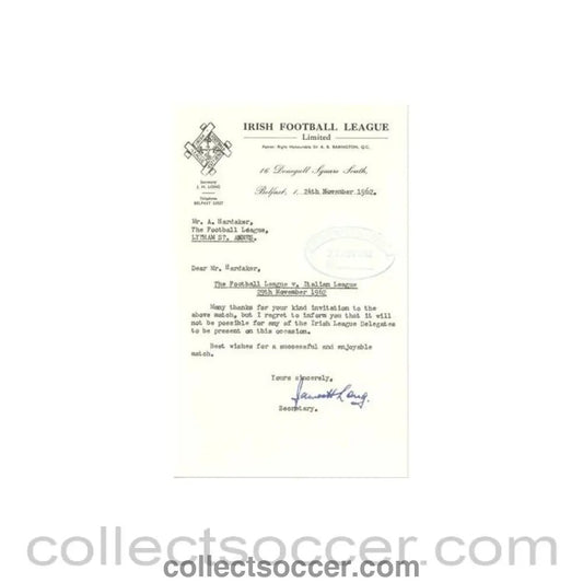 1962 - Letter from The Irish Football League, originally signed, of 24/11/1962 to FL - Collect Soccer