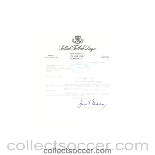 1962 - Letter from The Scottish Football League, originally signed, of 08/11/1962 to FL - Collect Soccer