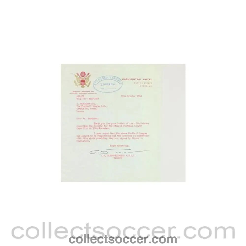 1962 - Letter from Washington Hotel, London, originally signed, of 19/10/1962 to FL - Collect Soccer