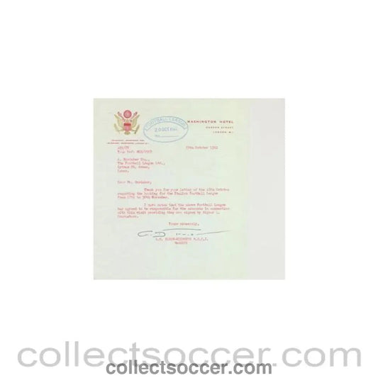 1962 - Letter from Washington Hotel, London, originally signed, of 19/10/1962 to FL - Collect Soccer