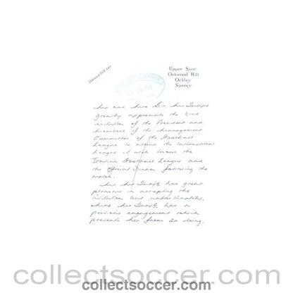 1962 - Letter of 10/11/1962 to The Football League about the football match The Football League v The Italian Football League on 29/11/1962 - Collect Soccer