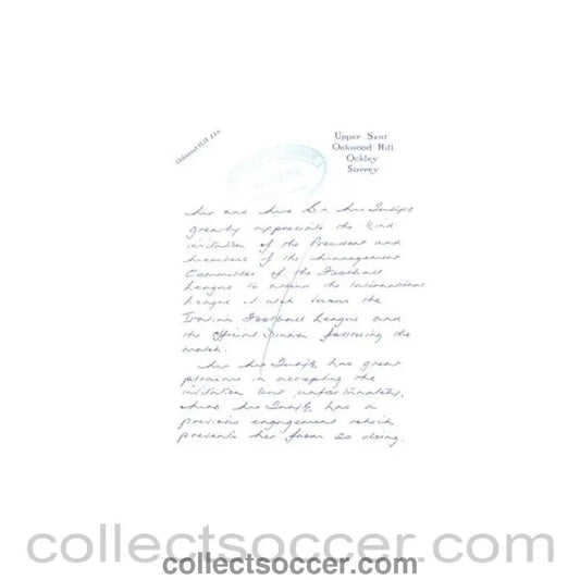 1962 - Letter of 10/11/1962 to The Football League about the football match The Football League v The Italian Football League on 29/11/1962 - Collect Soccer