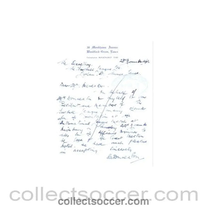 1962 - Letter of 23/11/1962 originally signed to Alan Hardaker Secretary of The Football League