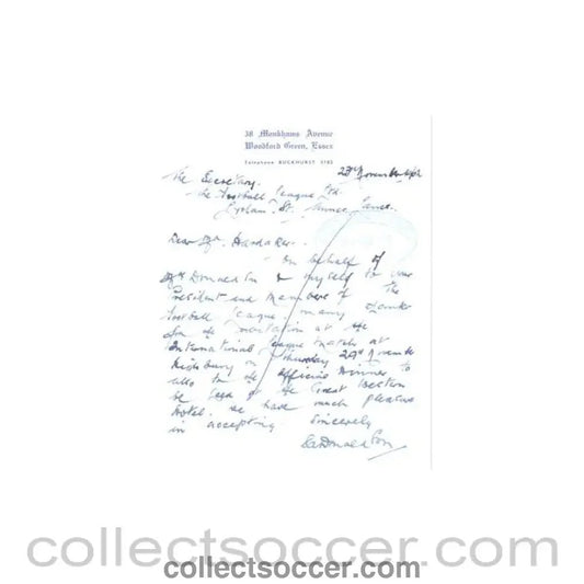 1962 - Letter of 23/11/1962, originally signed, to Alan Hardaker Secretary of The Football League - Collect Soccer