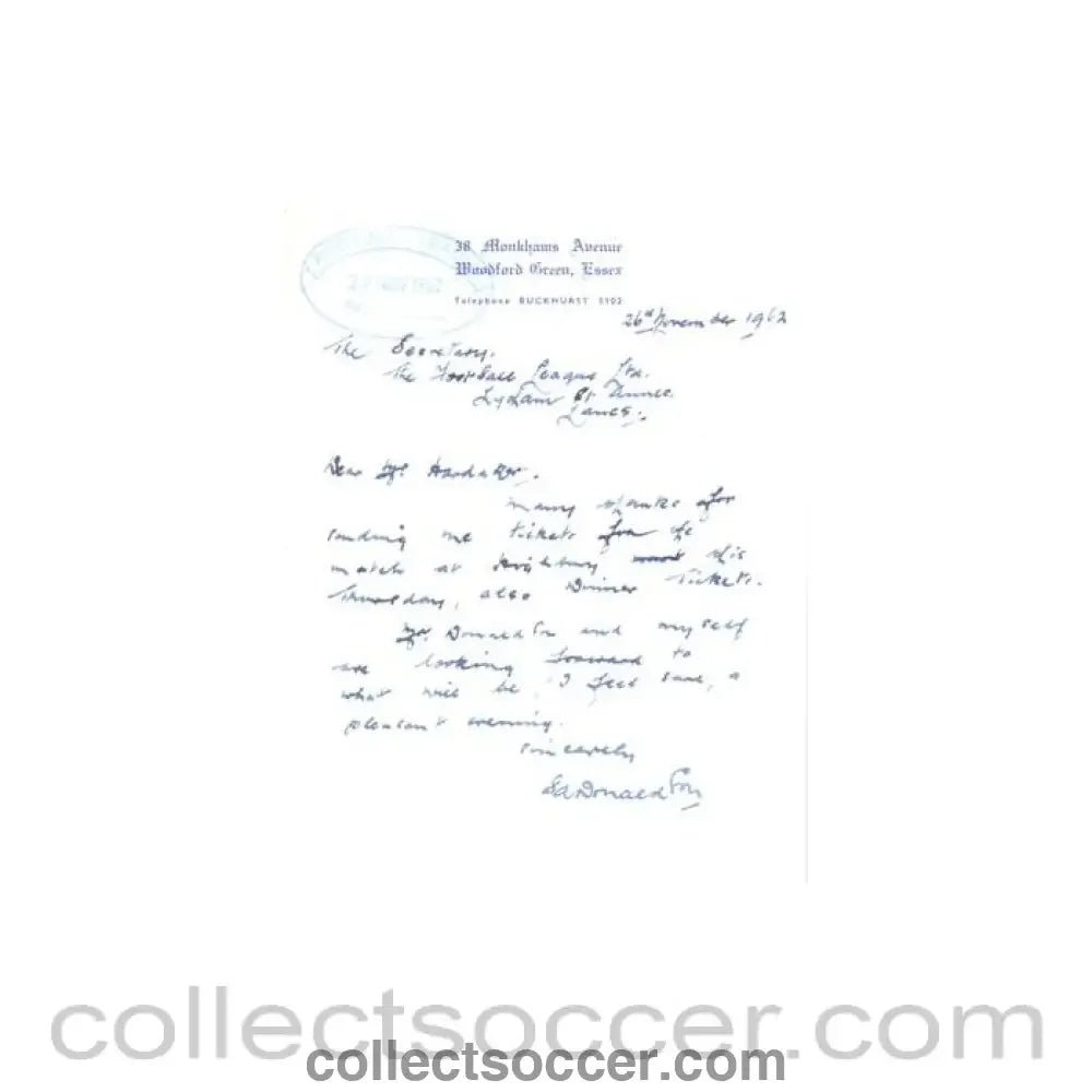 1962 - Letter of 26/11/1962, originally signed, to The Football League about the football match The Football League v The Italian Football League on 29/11/1962 - Collect Soccer