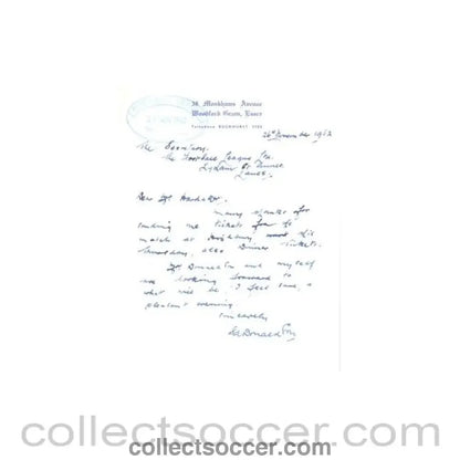 1962 - Letter of 26/11/1962, originally signed, to The Football League about the football match The Football League v The Italian Football League on 29/11/1962 - Collect Soccer