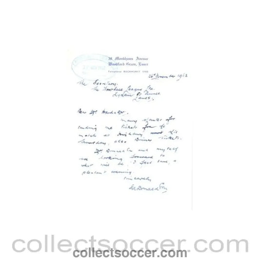 1962 - Letter of 26/11/1962, originally signed, to The Football League about the football match The Football League v The Italian Football League on 29/11/1962 - Collect Soccer
