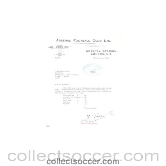 1962 - Letter of Arsenal Stadium originally signed by the F.G. Jeeves Box Office Manager of 09/11/1962