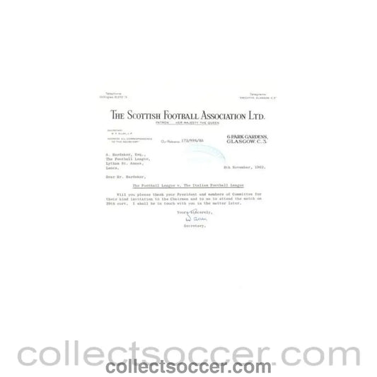 1962 - Letter of The Football Association, originally signed by the Secretary, of 08/11/1962 - Collect Soccer