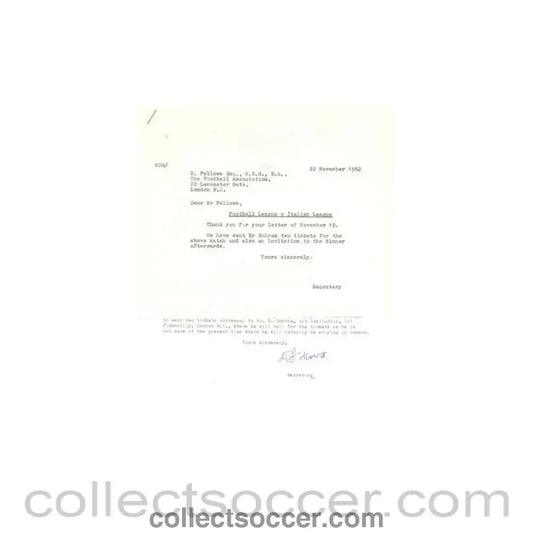 1962 - Letter of The Football Association, originally signed by the Secretary f 19/11/1962 - Collect Soccer