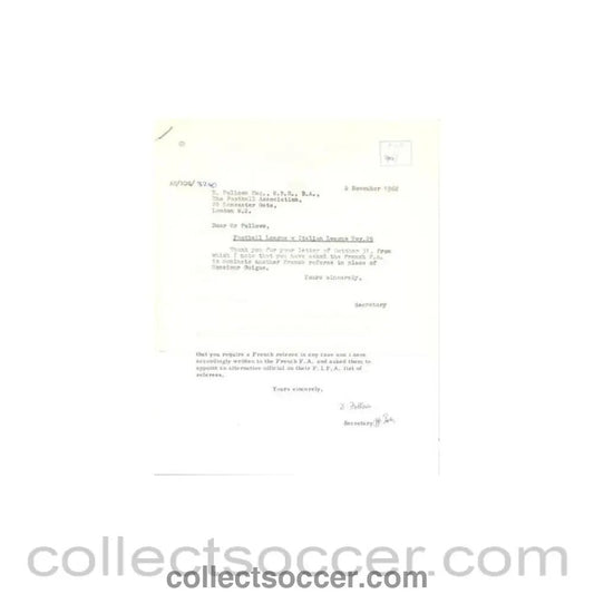 1962 - Letter of The Football Association, signed by the Secretary of 31/10/1962 - Collect Soccer