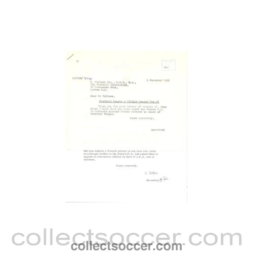 1962 - Letter of The Football Association signed by the Secretary of 31/10/1962