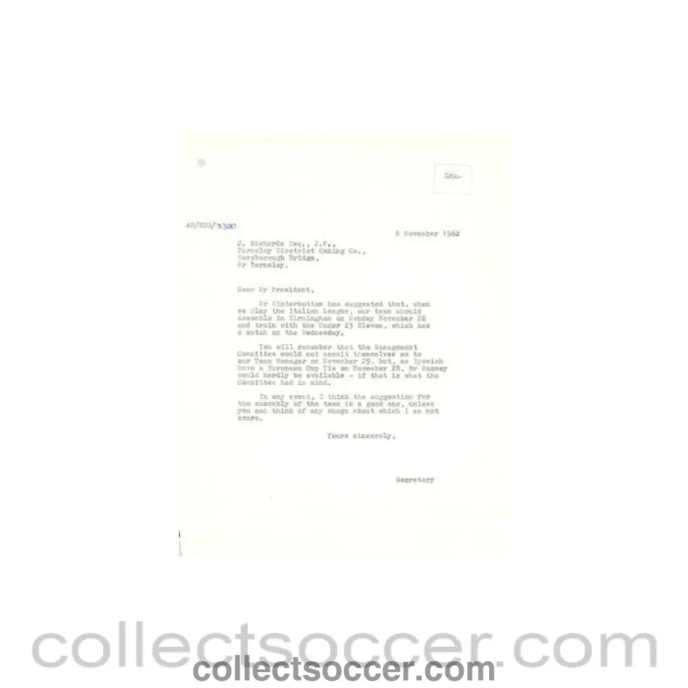 1962 - Letter of The Football League of 08/11/1962 to J. Richards of Barnsley District Cooking Co. - Collect Soccer