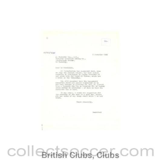 1962 - Letter of The Football League of 08/11/1962 to J. Richards of Barnsley District Cooking Co.