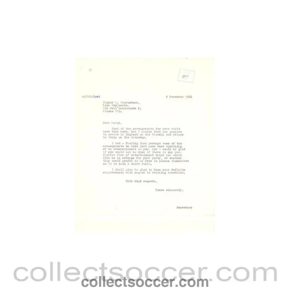 1962 - Letter of The Football League of 08/11/1962 to Signor Luigi Scarambone of The Italian League - Collect Soccer
