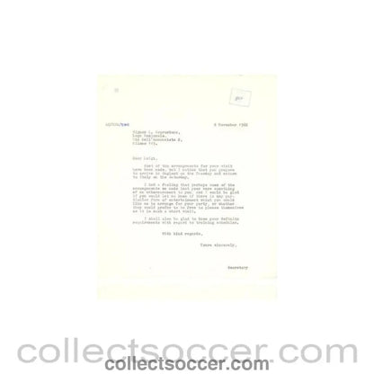 1962 - Letter of The Football League of 08/11/1962 to Signor Luigi Scarambone of The Italian League - Collect Soccer