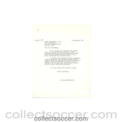 1962 - Letter of The Football League of 10/11/1962 to Luigi Scarambone of The Italian League - Collect Soccer