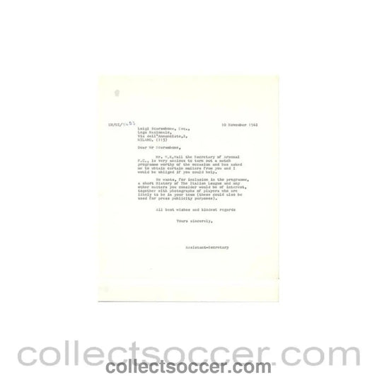1962 - Letter of The Football League of 10/11/1962 to Luigi Scarambone of The Italian League - Collect Soccer