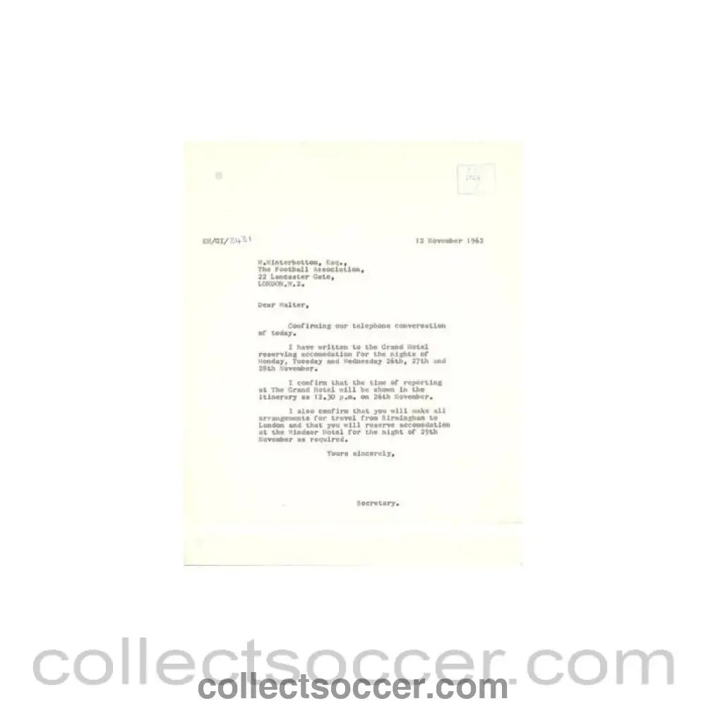 1962 - Letter of The Football League of 12/11/1962 to the F.A. W. Winterbottom - Collect Soccer