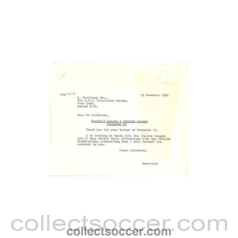 1962 - Letter of The Football League of 15/11/1962 to H. Middleton BBC TV Centre - Collect Soccer