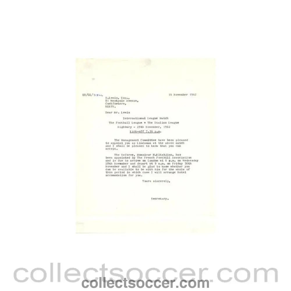 1962 - Letter of The Football League of 16/11/1962 to D. Lewis - appointed as a Linesman - Collect Soccer