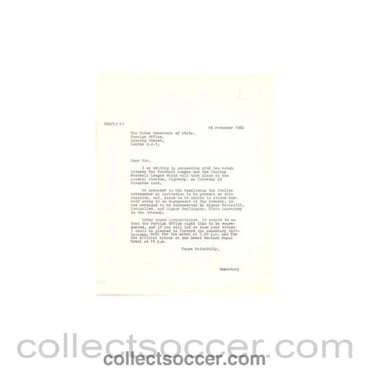 1962 - Letter of The Football League of 16/11/1962 to The Foreign Office - Collect Soccer