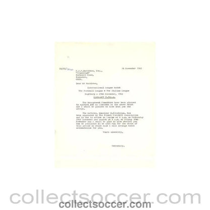 1962 - Letter of The Football League of 16/11/1962 to N.A.S. Matthews - appointed as a Linesman - Collect Soccer