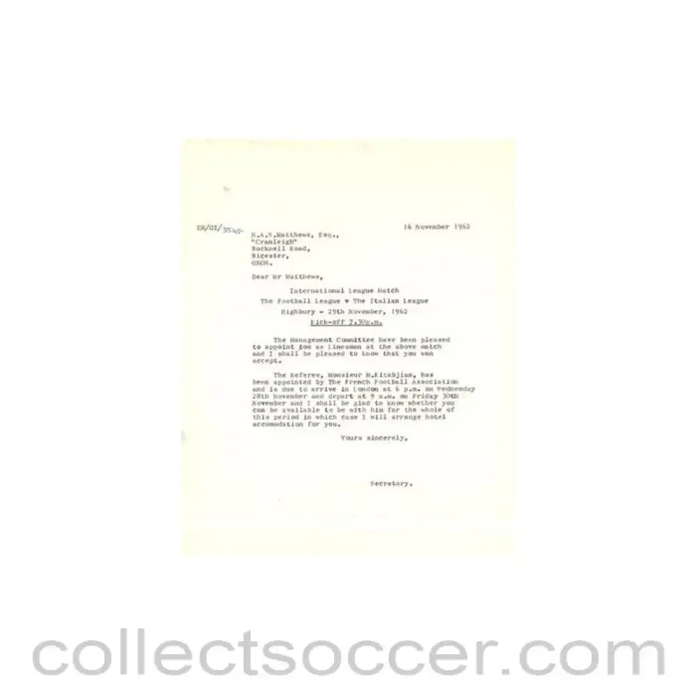 1962 - Letter of The Football League of 16/11/1962 to N.A.S. Matthews - appointed as a Linesman