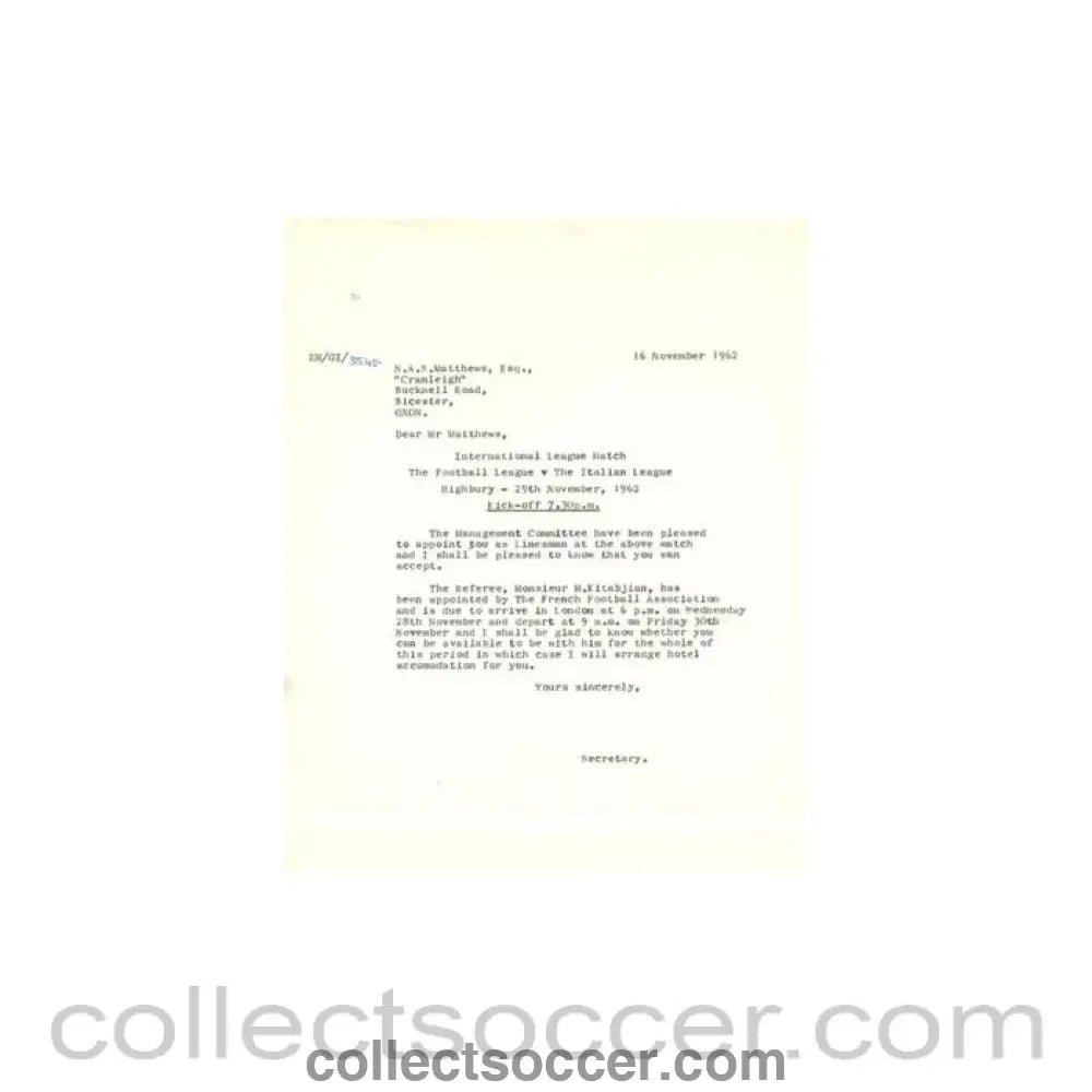 1962 - Letter of The Football League of 16/11/1962 to N.A.S. Matthews - appointed as a Linesman - Collect Soccer