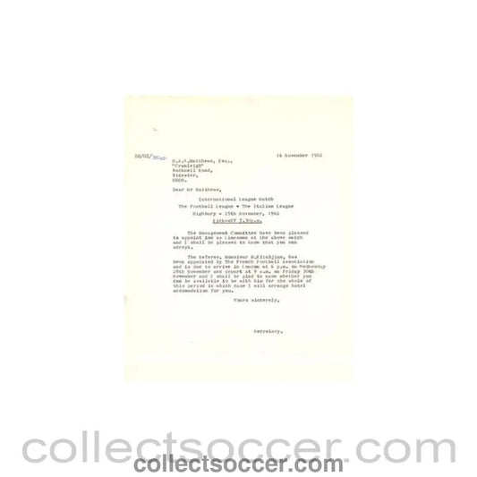 1962 - Letter of The Football League of 16/11/1962 to N.A.S. Matthews - appointed as a Linesman - Collect Soccer