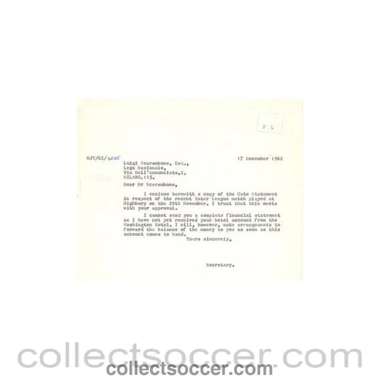 1962 - Letter of The Football League of 17/12/1962 to Luigi Scarambone of The Italian League - Collect Soccer