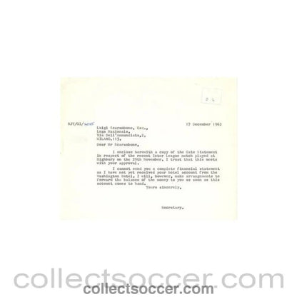 1962 - Letter of The Football League of 17/12/1962 to Luigi Scarambone of The Italian League - Collect Soccer