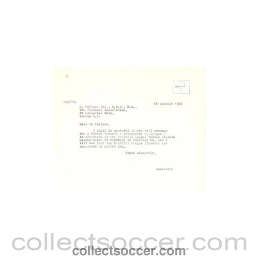 1962 - Letter of The Football League of 18/10/1962 to the F.A. D. Follows - Collect Soccer
